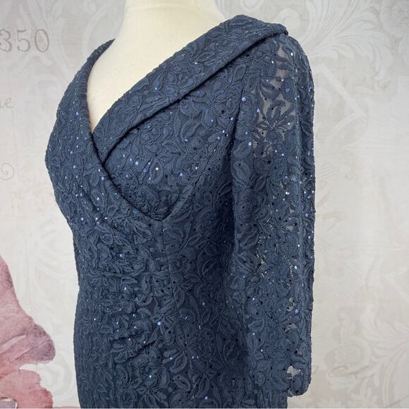 Tahari Arthur S. Levin Navy Sparking Lace Dress Size 10 - Picture 6 of 14